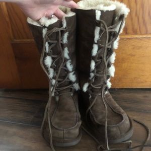 Women’s lace up front UGG boots, brown and cream